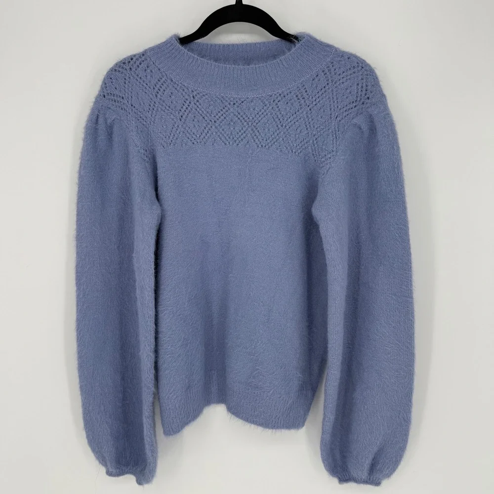 EE:SOME PERIWINKLE BLUE FUZZY LOOSE FIT CREWNECK SWEATER MEDIUM BALLOON SLEEVE‎